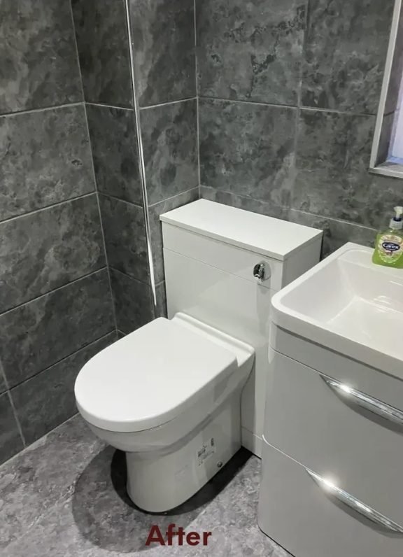 Bathroom after refit, new back to wall WC unit and vanity fitted
